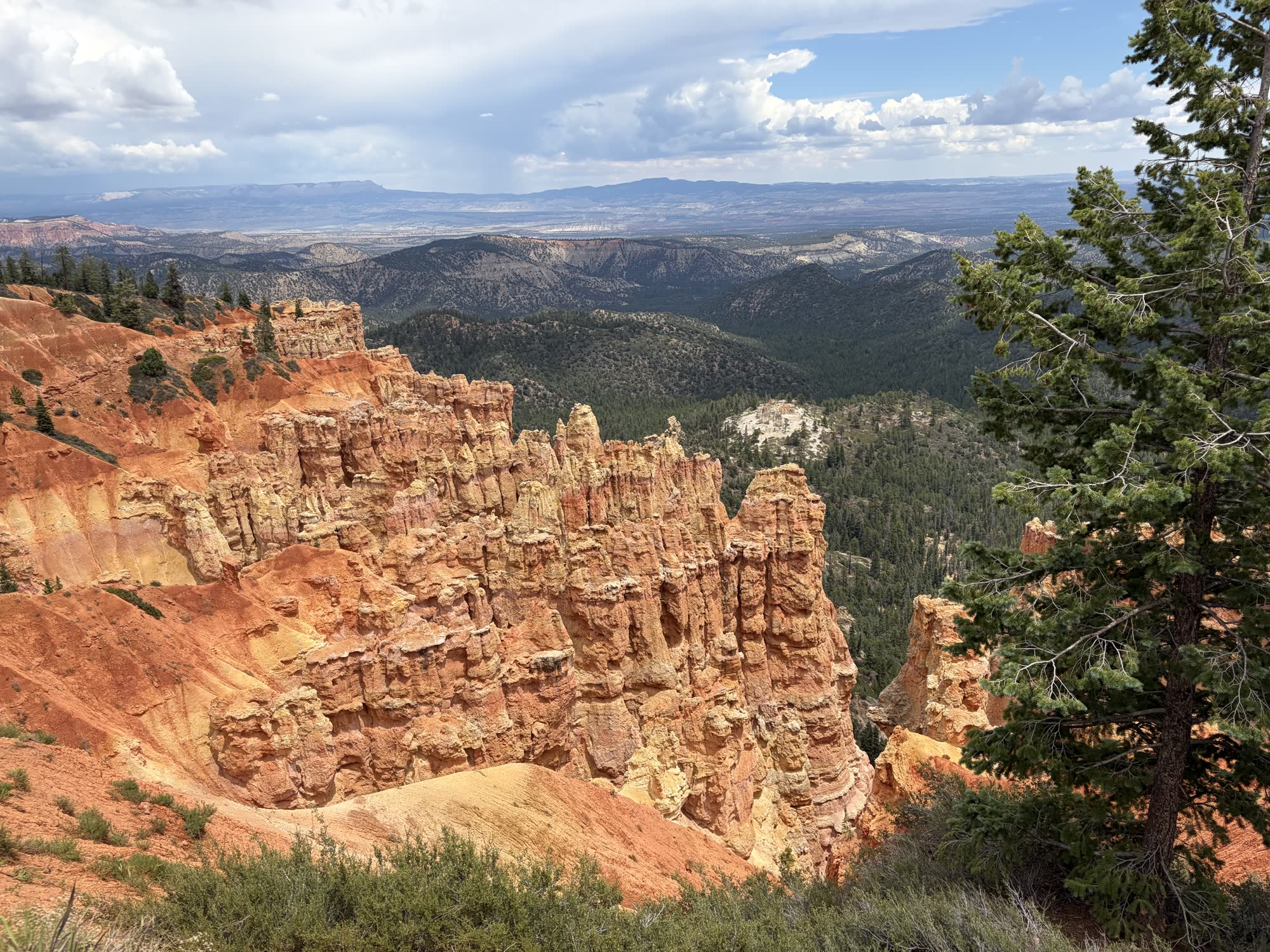 The Bryce Canyon amphitheater from an overlook, orange and yellow hoodoos dropping into pine forest, weather building over the distance