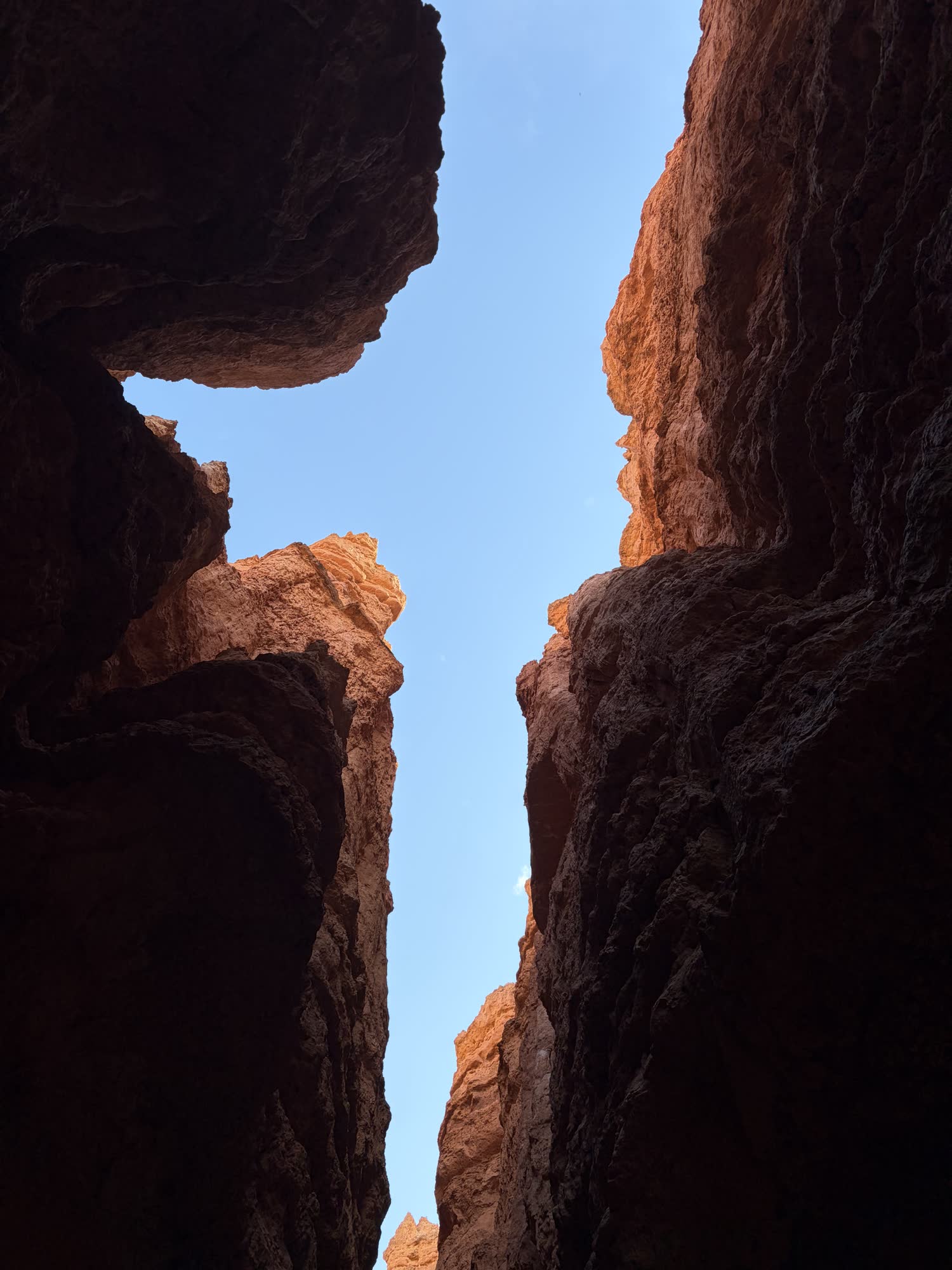 Looking straight up from inside a narrow slot in the canyon, sky in a jagged seam between the orange walls