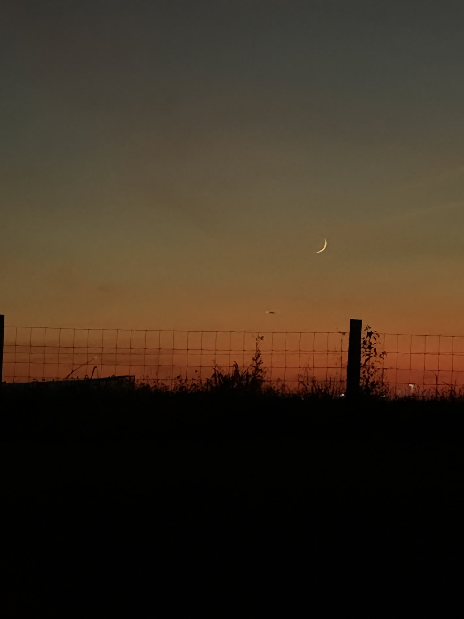 A crescent moon over the last orange of sunset, wire fence in silhouette
