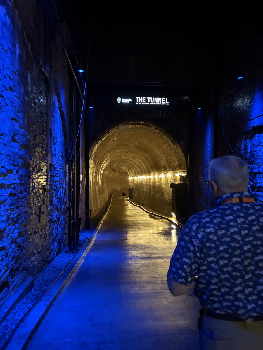 Inside the blue-lit outlet tunnel at the power station