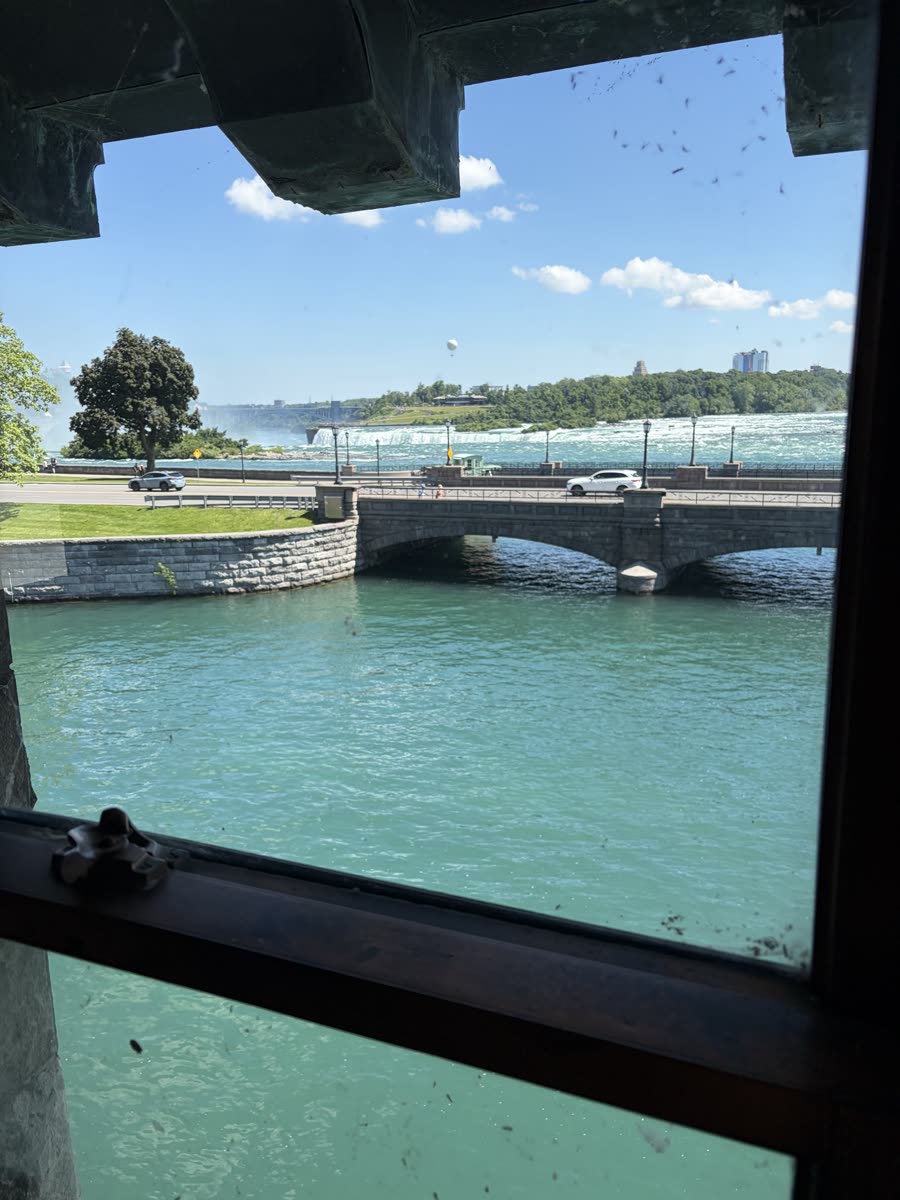 View from the power station window over the river and falls